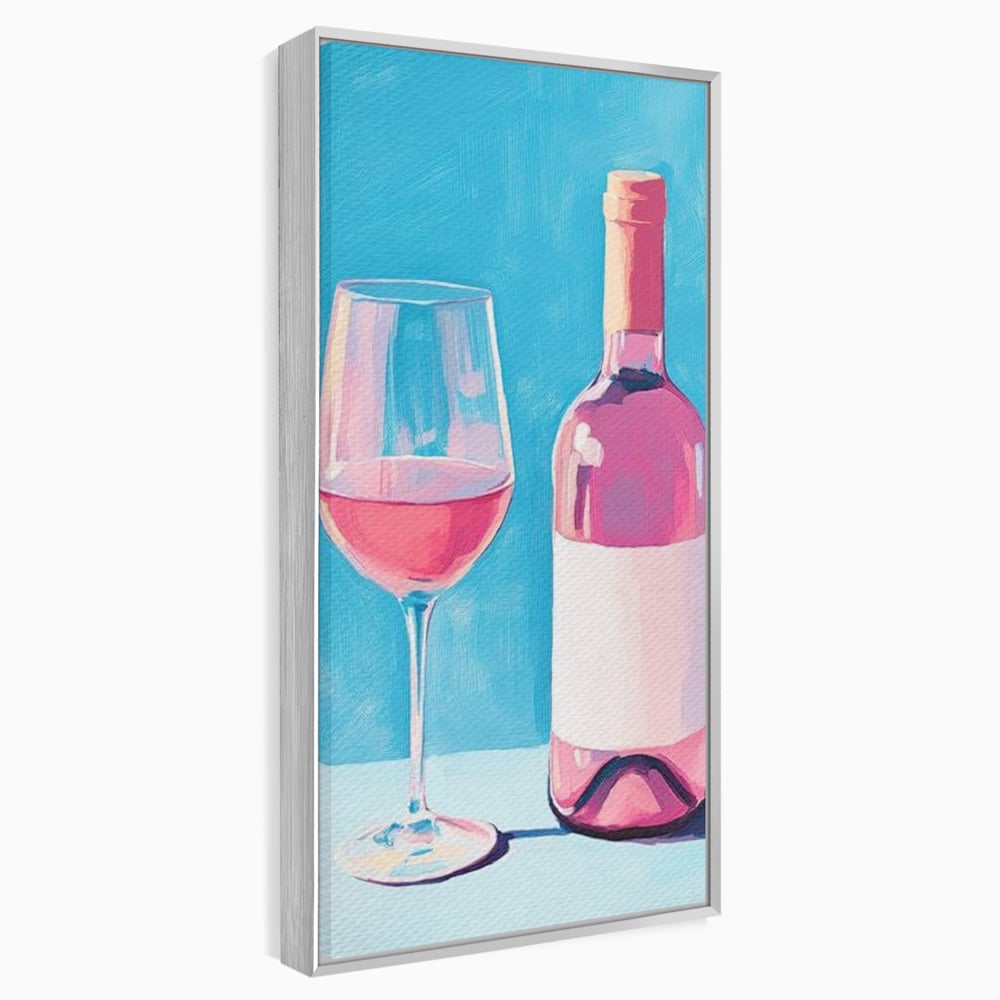 Tablou canvas cu pictura cu sticla de vin rose si pahar, in rama de aluminiu argintiu